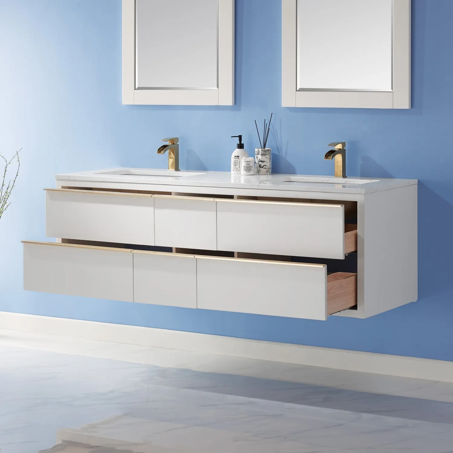 Altair Designs Morgan 60" Double Bathroom Vanity Set in White and Composite Aosta White Stone Countertop - 534060-WH-AW-NM