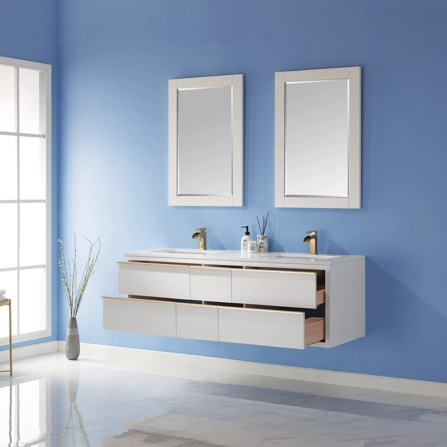 Altair Designs Morgan 60" Double Bathroom Vanity Set in White and Composite Aosta White Stone Countertop - 534060-WH-AW-NM