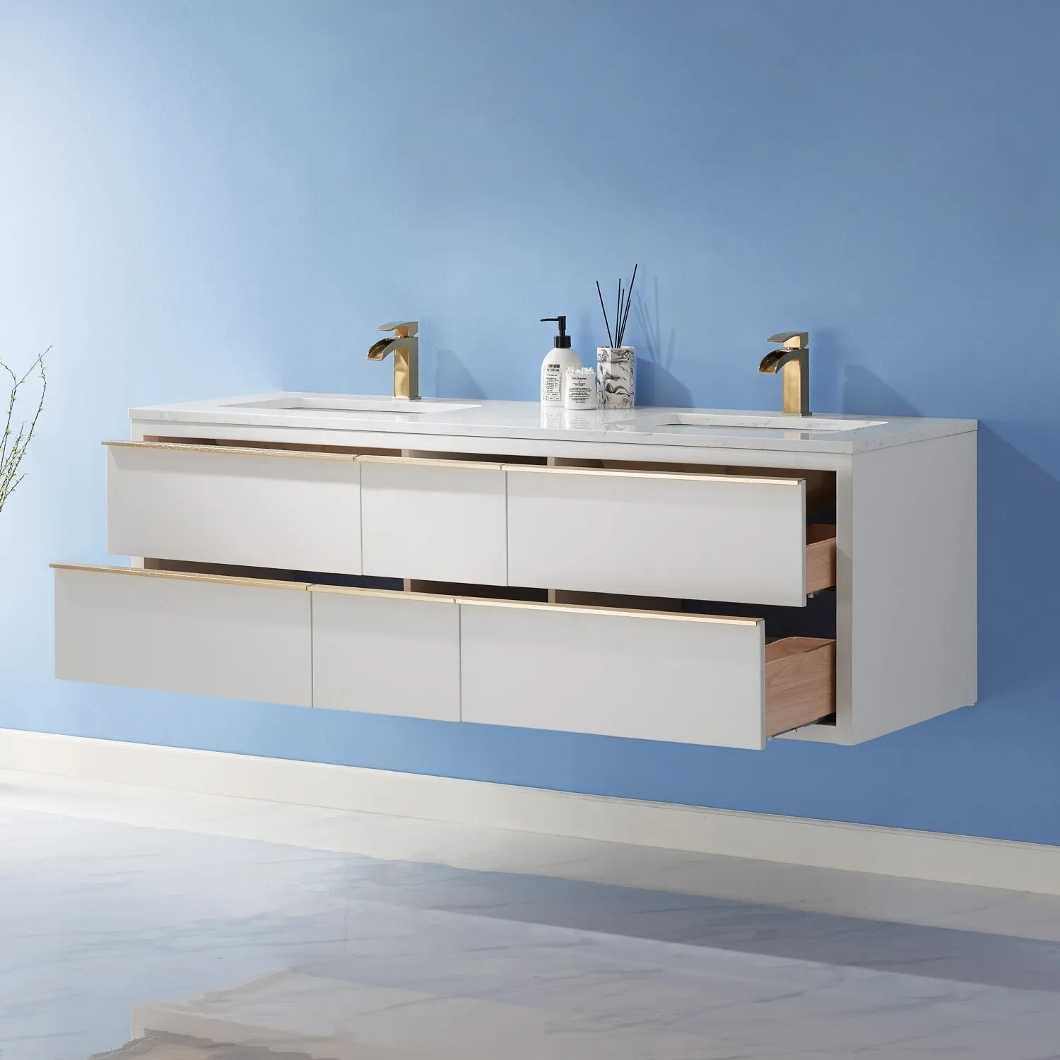 Altair Designs Morgan 60" Double Bathroom Vanity Set in White and Composite Aosta White Stone Countertop - 534060-WH-AW-NM