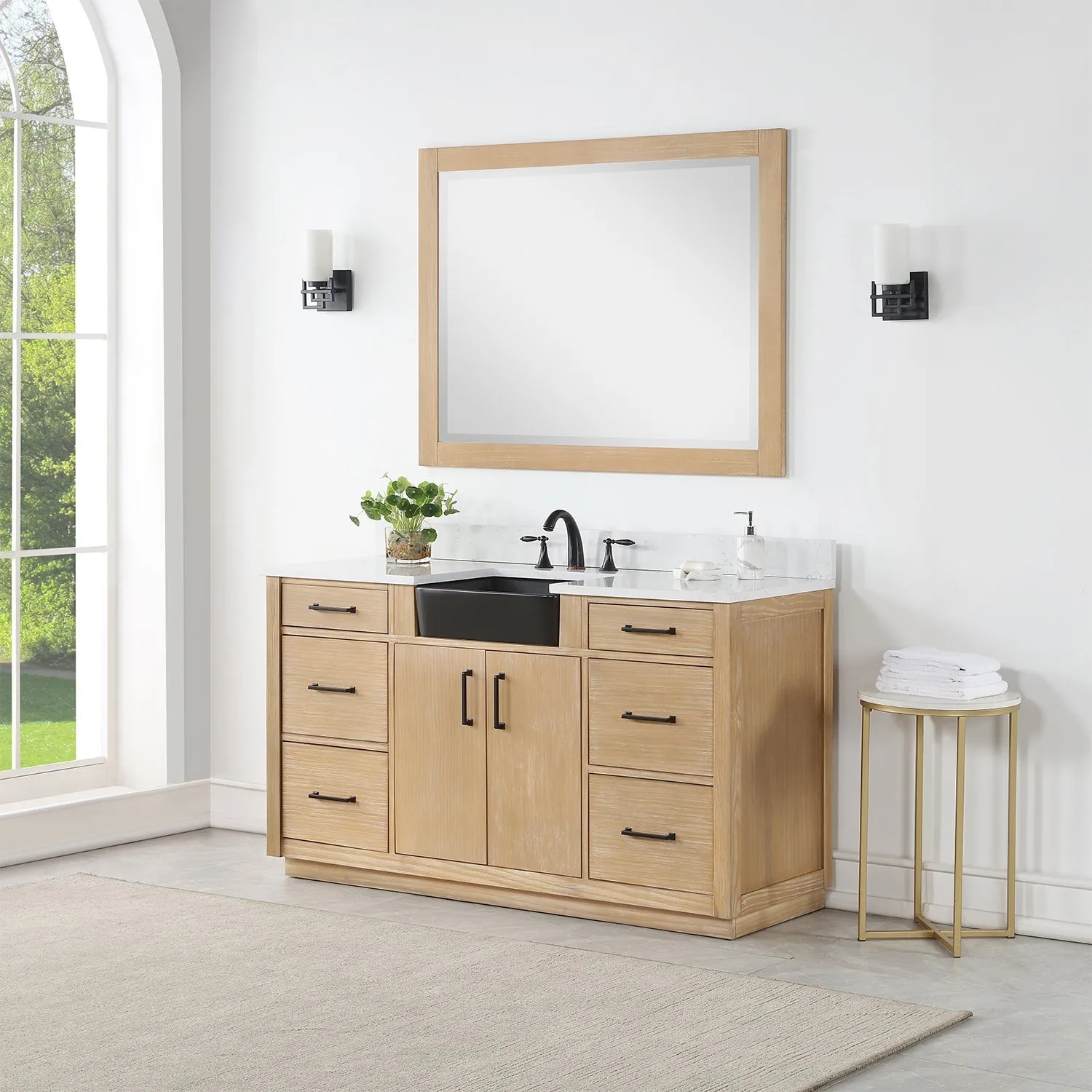 Altair Designs Novago 60" Single Bathroom Vanity Set with Composite Carrara White Stone Countertop and Farmhouse Sink - 550060S-WP-AW-NM