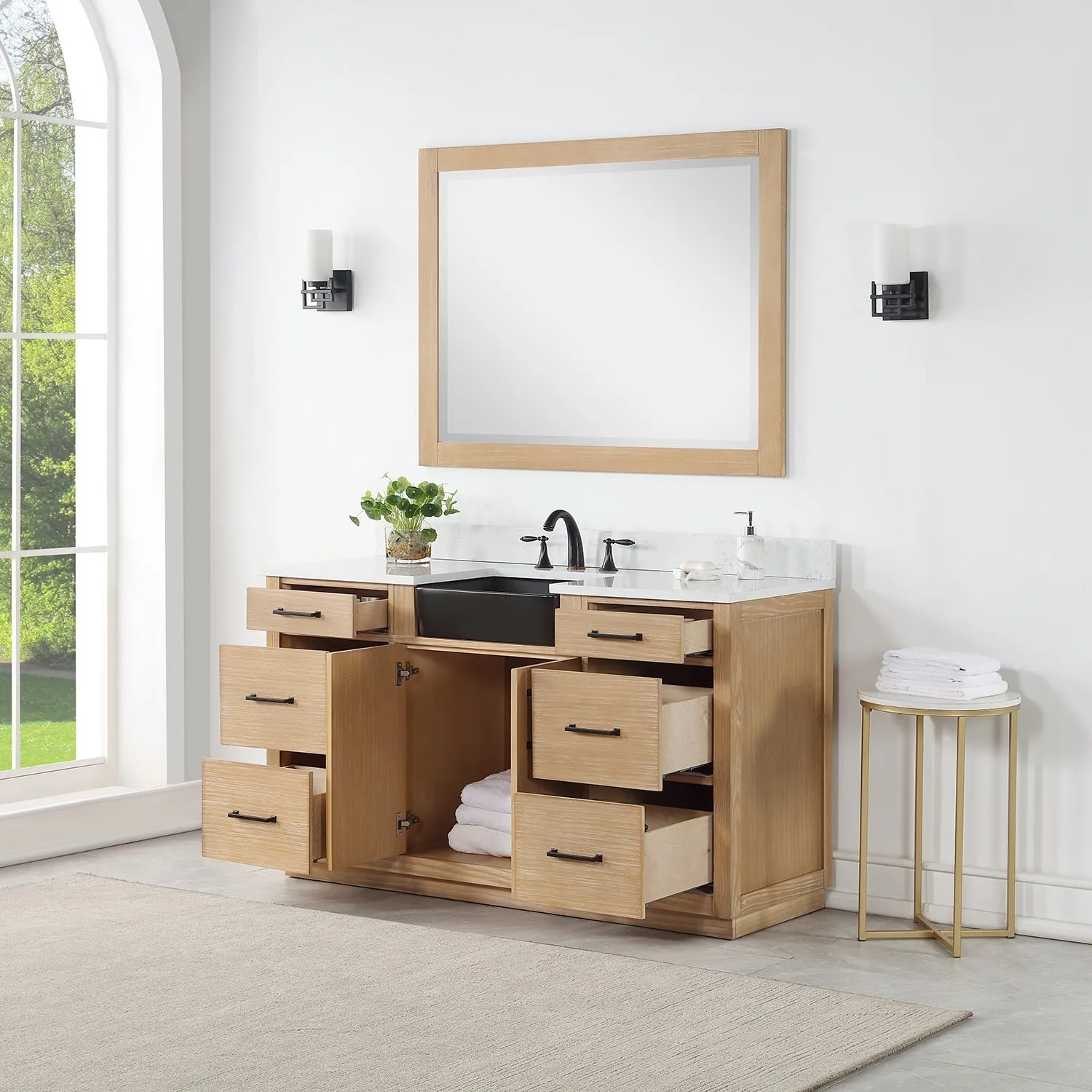 Altair Designs Novago 60" Single Bathroom Vanity Set with Composite Carrara White Stone Countertop and Farmhouse Sink - 550060S-WP-AW-NM