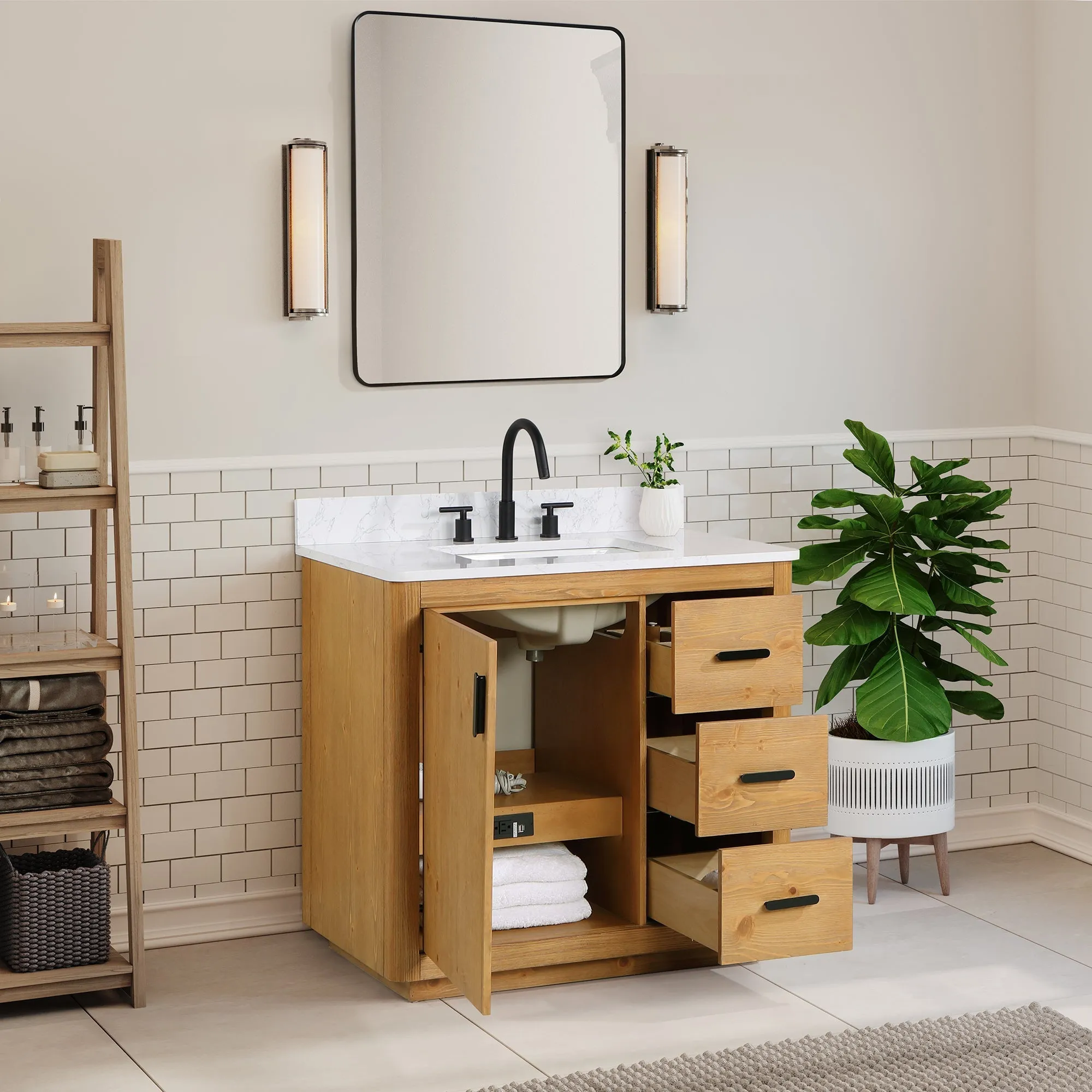 Altair Designs Perla 36" Single Bathroom Vanity with Grain White Composite Stone Countertop - 556036-NW-GW
