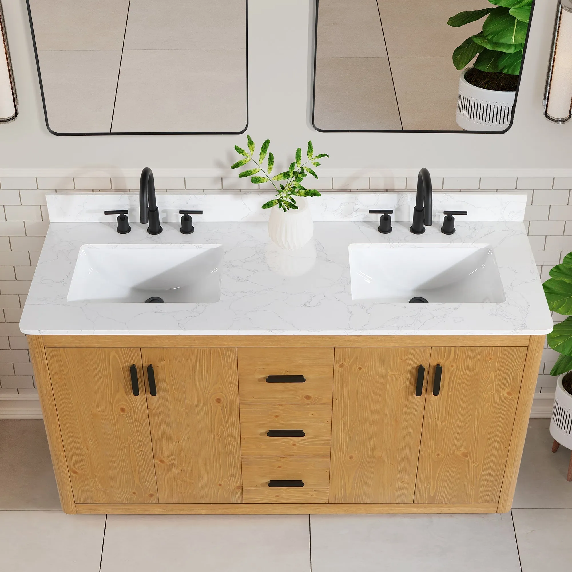 Altair Designs Perla 60" Double Bathroom Vanity with Grain White Composite Stone Countertop - 556060-NW-GW