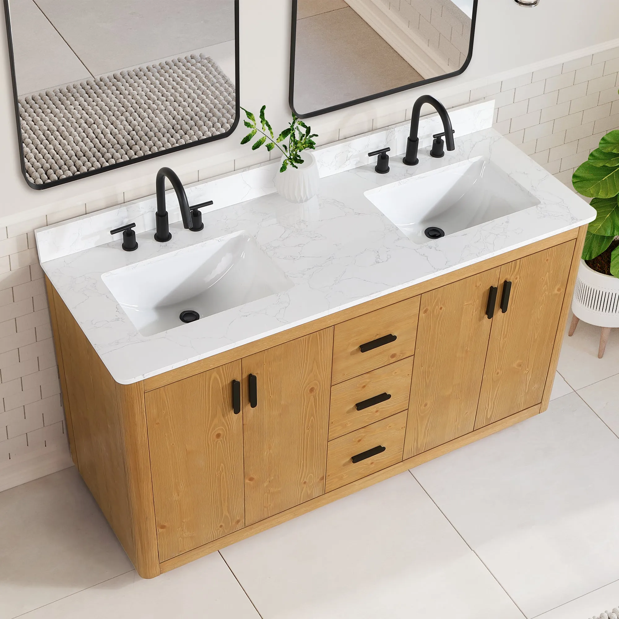 Altair Designs Perla 60" Double Bathroom Vanity with Grain White Composite Stone Countertop - 556060-NW-GW