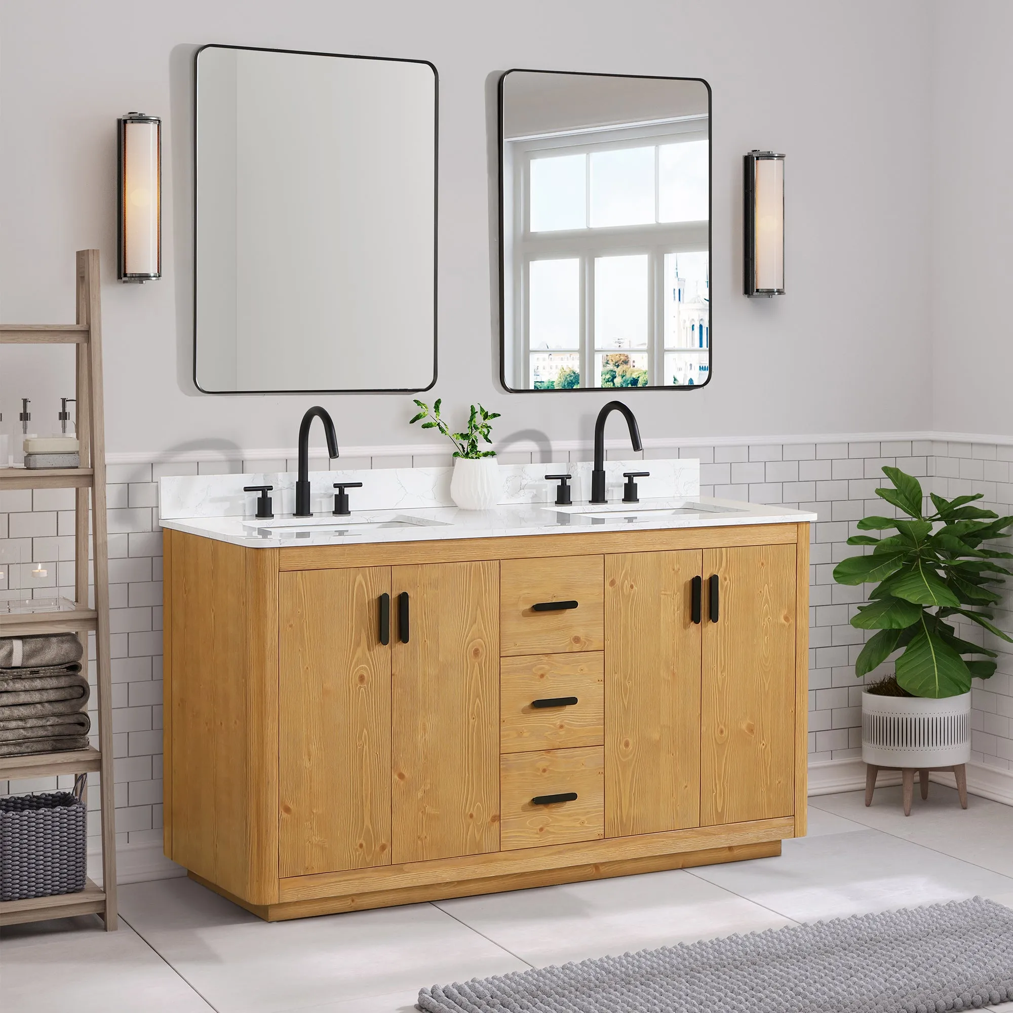 Altair Designs Perla 60" Double Bathroom Vanity with Grain White Composite Stone Countertop - 556060-NW-GW
