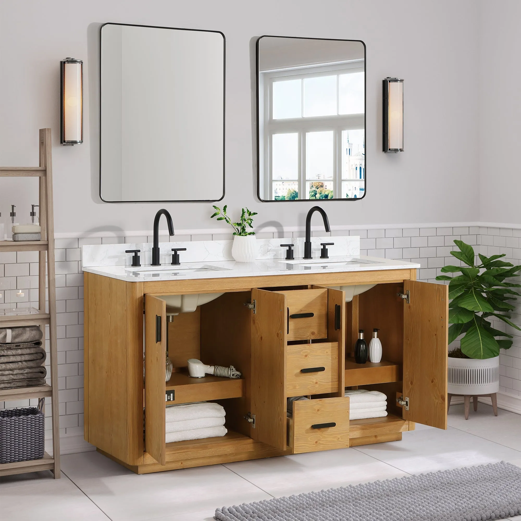 Altair Designs Perla 60" Double Bathroom Vanity with Grain White Composite Stone Countertop - 556060-NW-GW