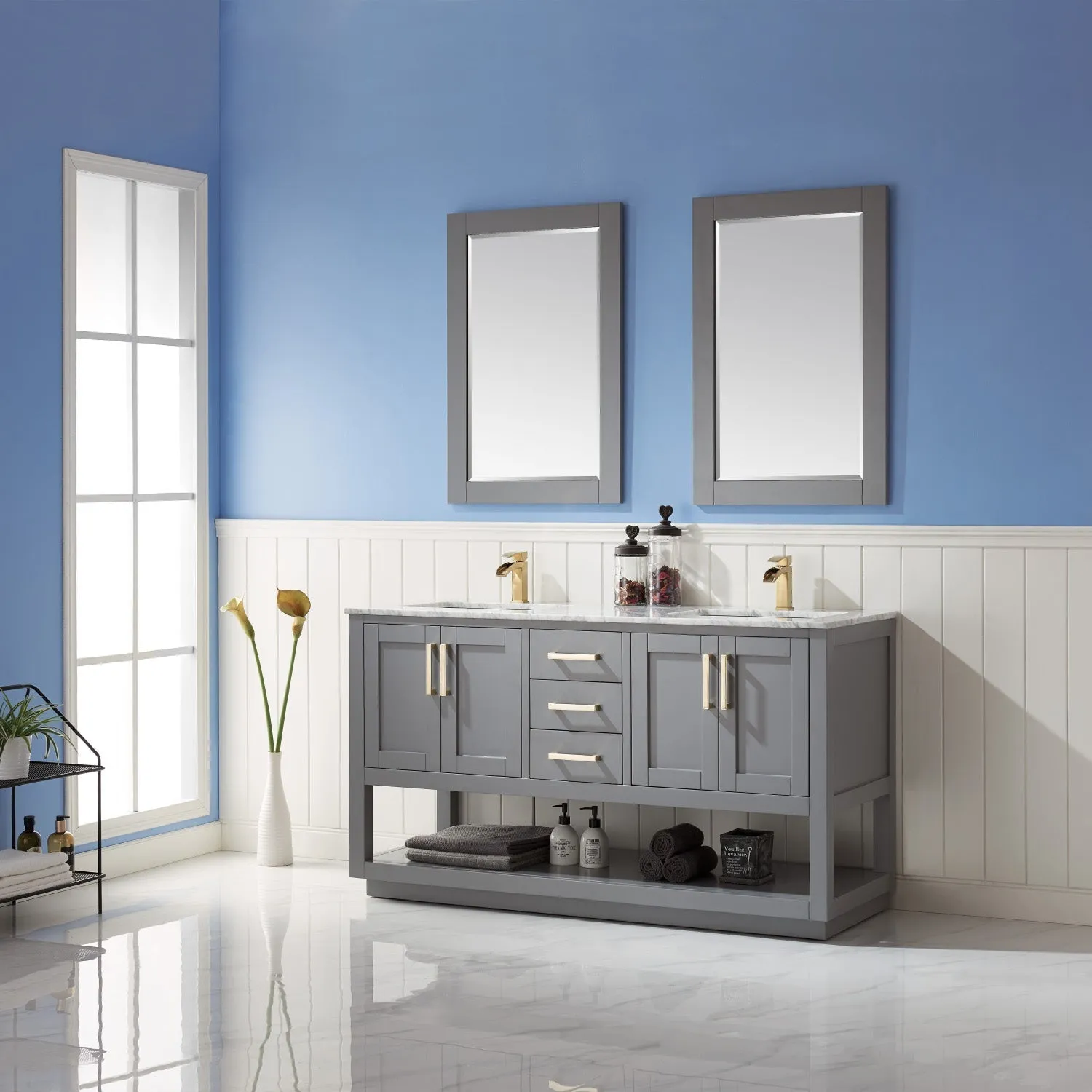 Altair Designs Remi 60" Double Bathroom Vanity Set with Marble Countertop - 532060-WH-CA-NM