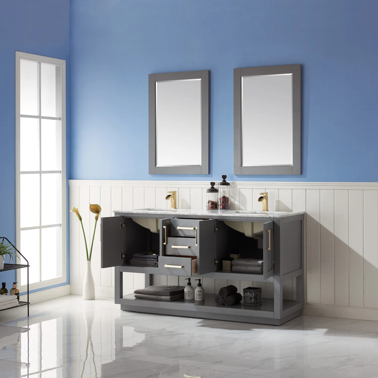 Altair Designs Remi 60" Double Bathroom Vanity Set with Marble Countertop - 532060-WH-CA-NM