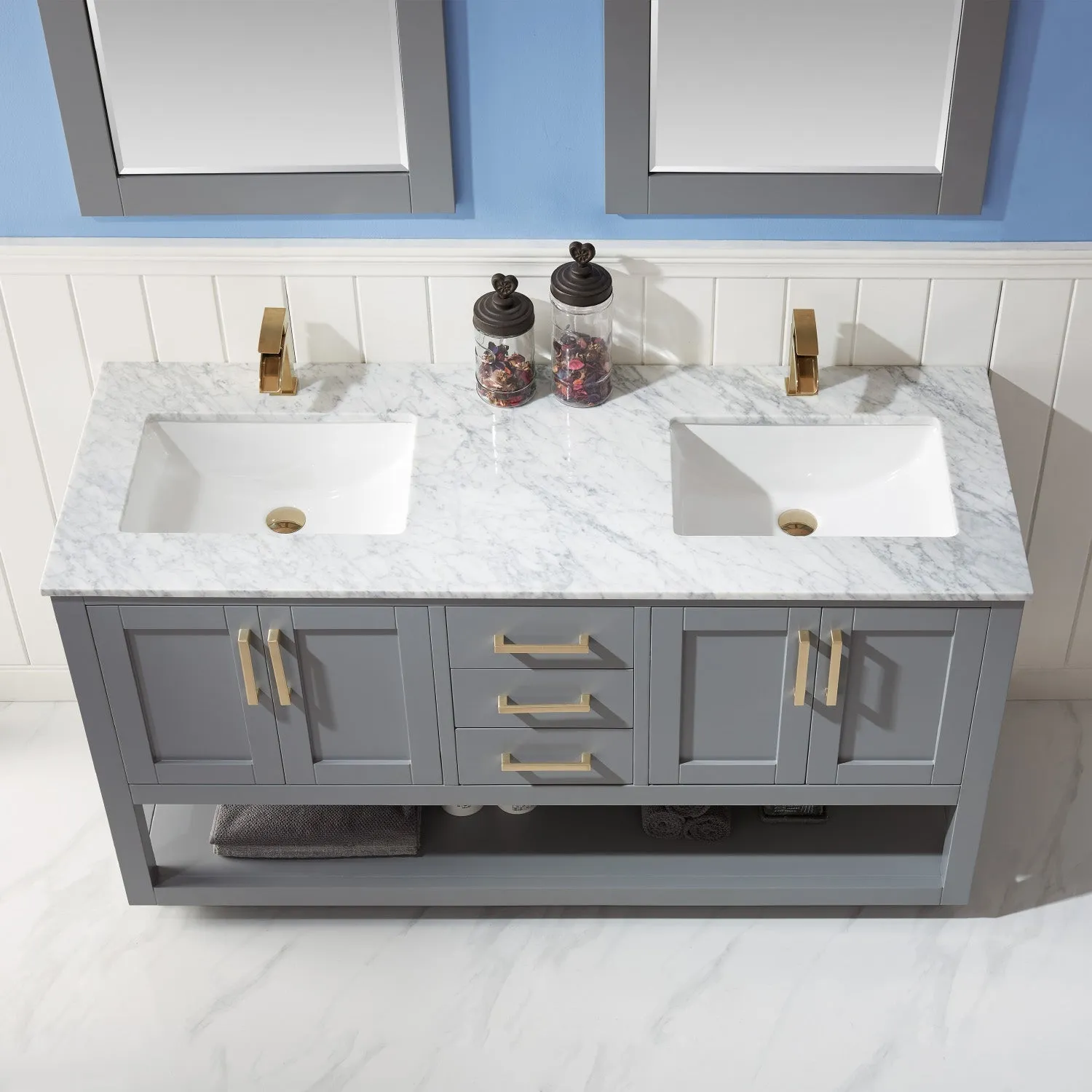 Altair Designs Remi 60" Double Bathroom Vanity Set with Marble Countertop - 532060-WH-CA-NM