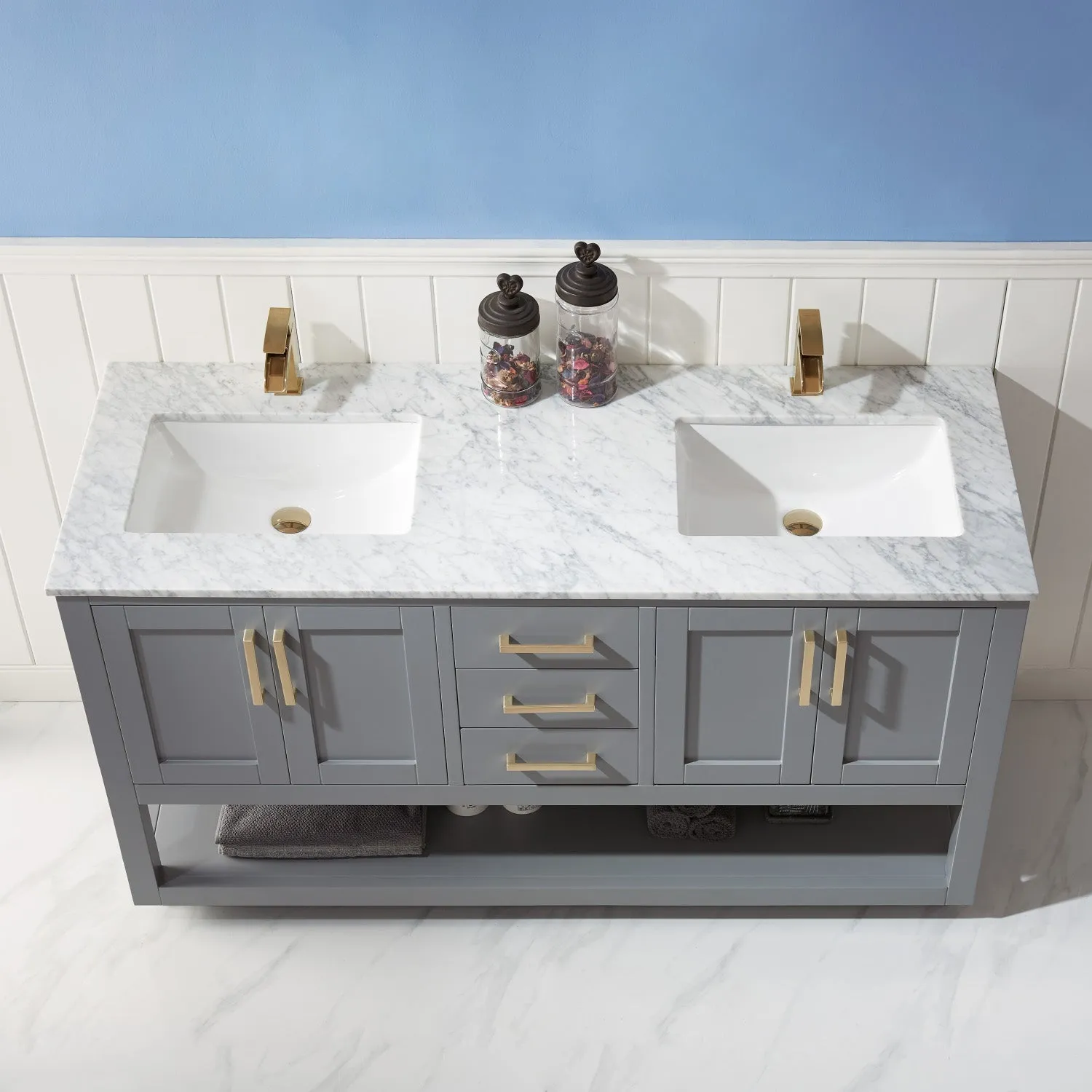 Altair Designs Remi 60" Double Bathroom Vanity Set with Marble Countertop - 532060-WH-CA-NM