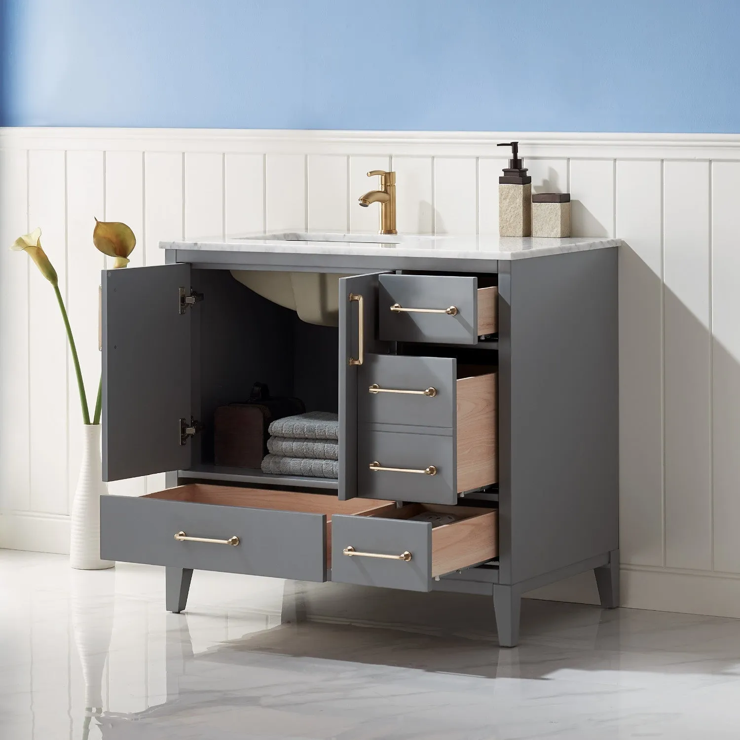 Altair Designs Sutton 36" Single Bathroom Vanity Set with Marble Countertop - 541036-WH-CA-NM