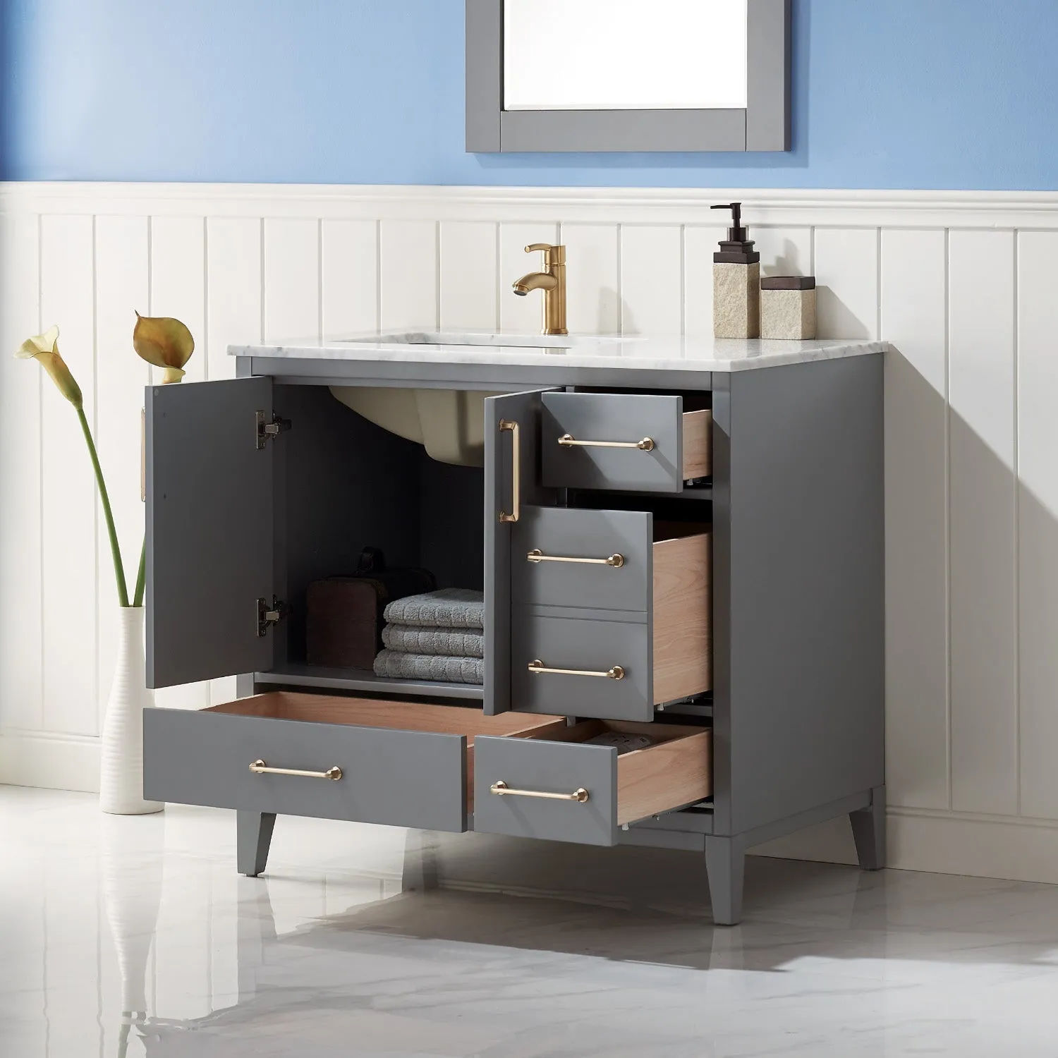 Altair Designs Sutton 36" Single Bathroom Vanity Set with Marble Countertop - 541036-WH-CA-NM