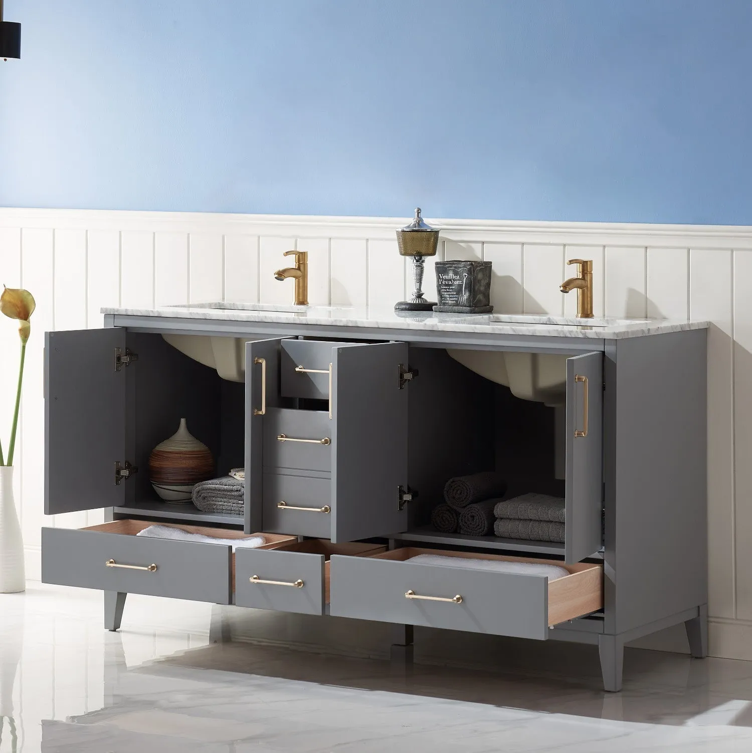 Altair Designs Sutton 60" Double Bathroom Vanity Set with Marble Countertop - 541060-WH-CA-NM