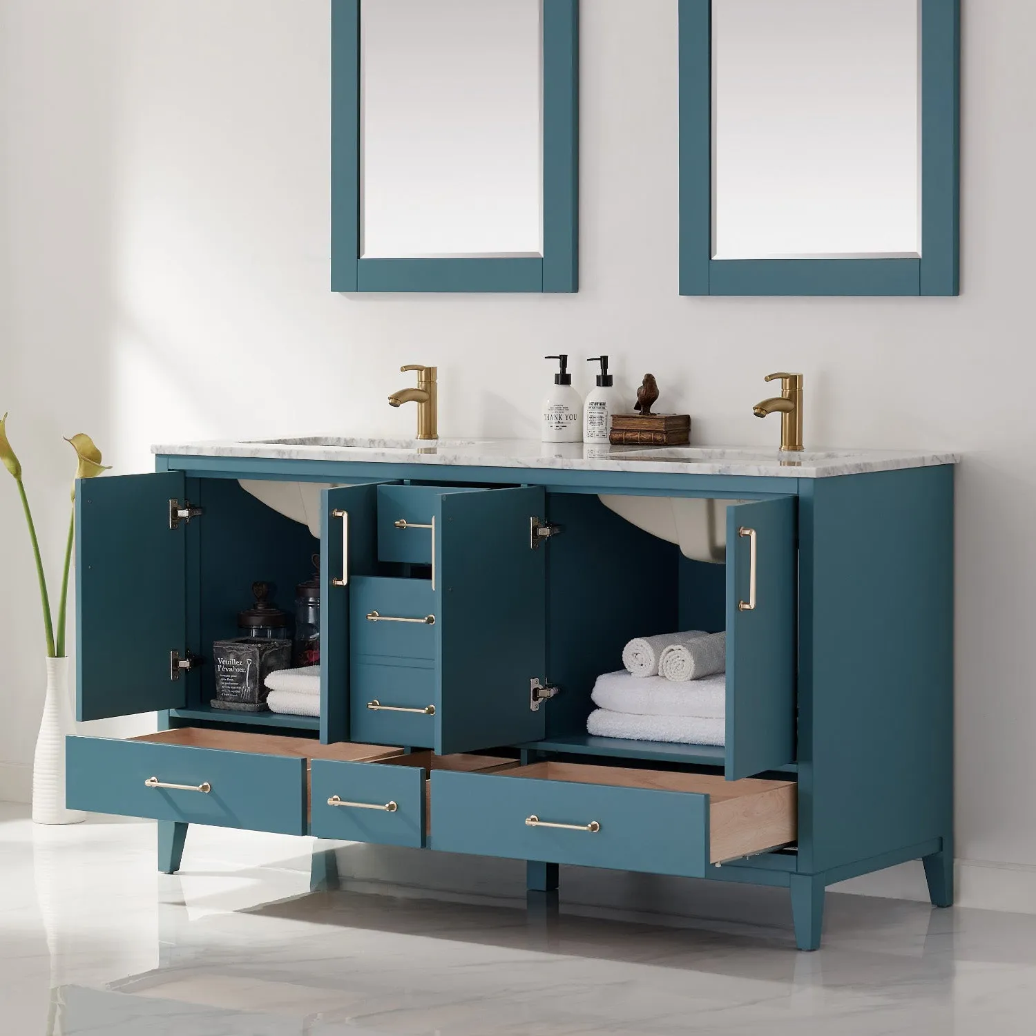 Altair Designs Sutton 60" Double Bathroom Vanity Set with Marble Countertop - 541060-WH-CA-NM