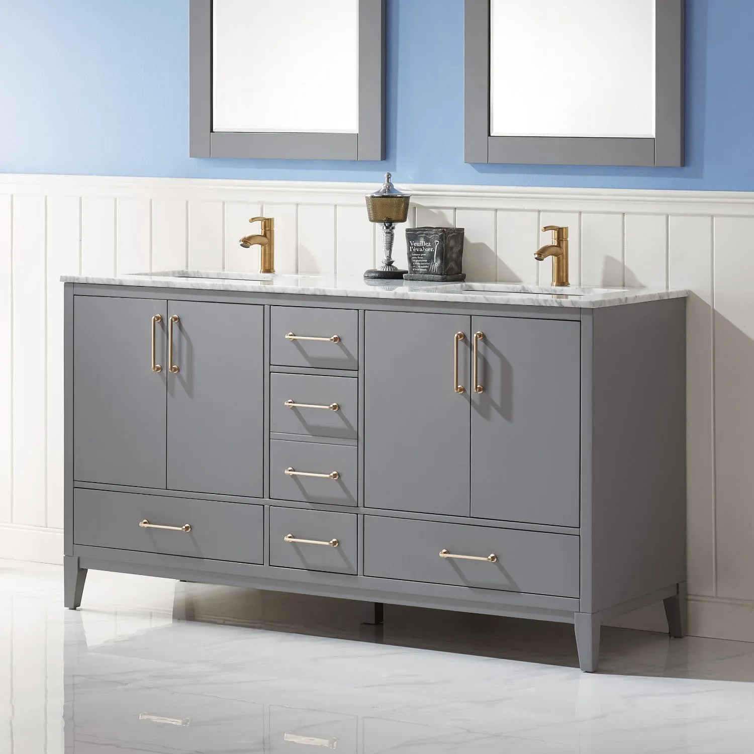 Altair Designs Sutton 60" Double Bathroom Vanity Set with Marble Countertop - 541060-WH-CA-NM