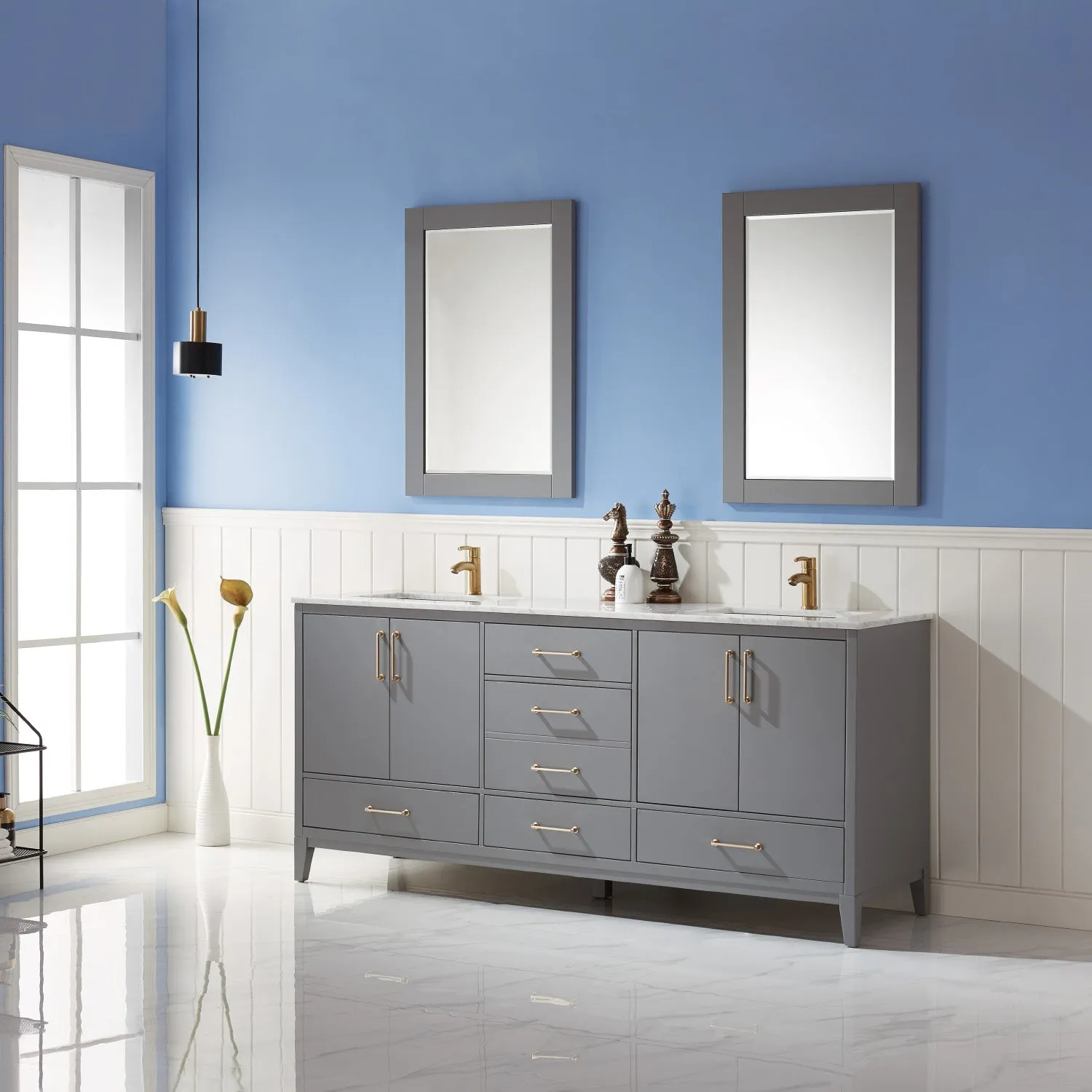 Altair Designs Sutton 72" Double Bathroom Vanity Set with Marble Countertop - 541072-WH-CA-NM