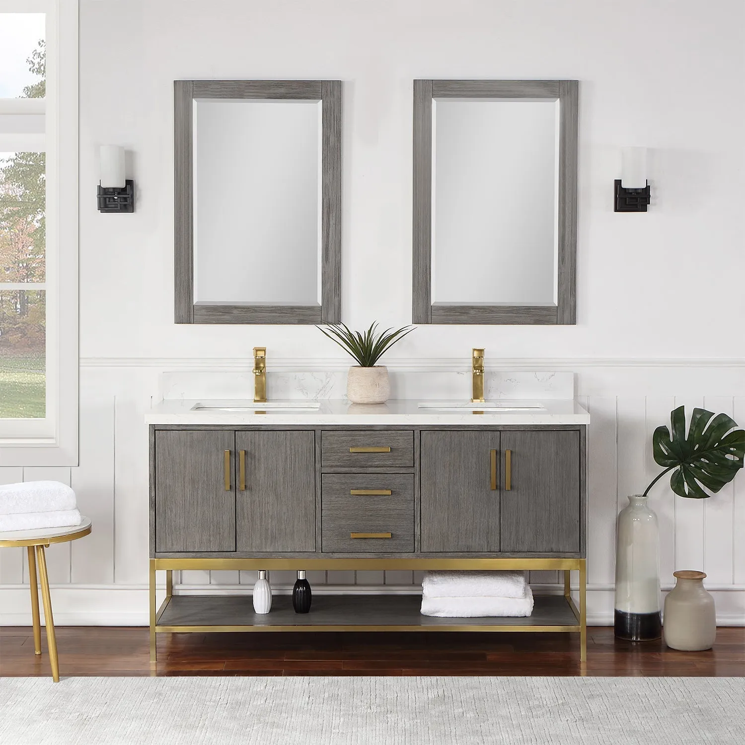 Altair Designs Wildy 60" Double Bathroom Vanity Set with Grain White Composite Stone Countertop - 546060-WO-GW-NM