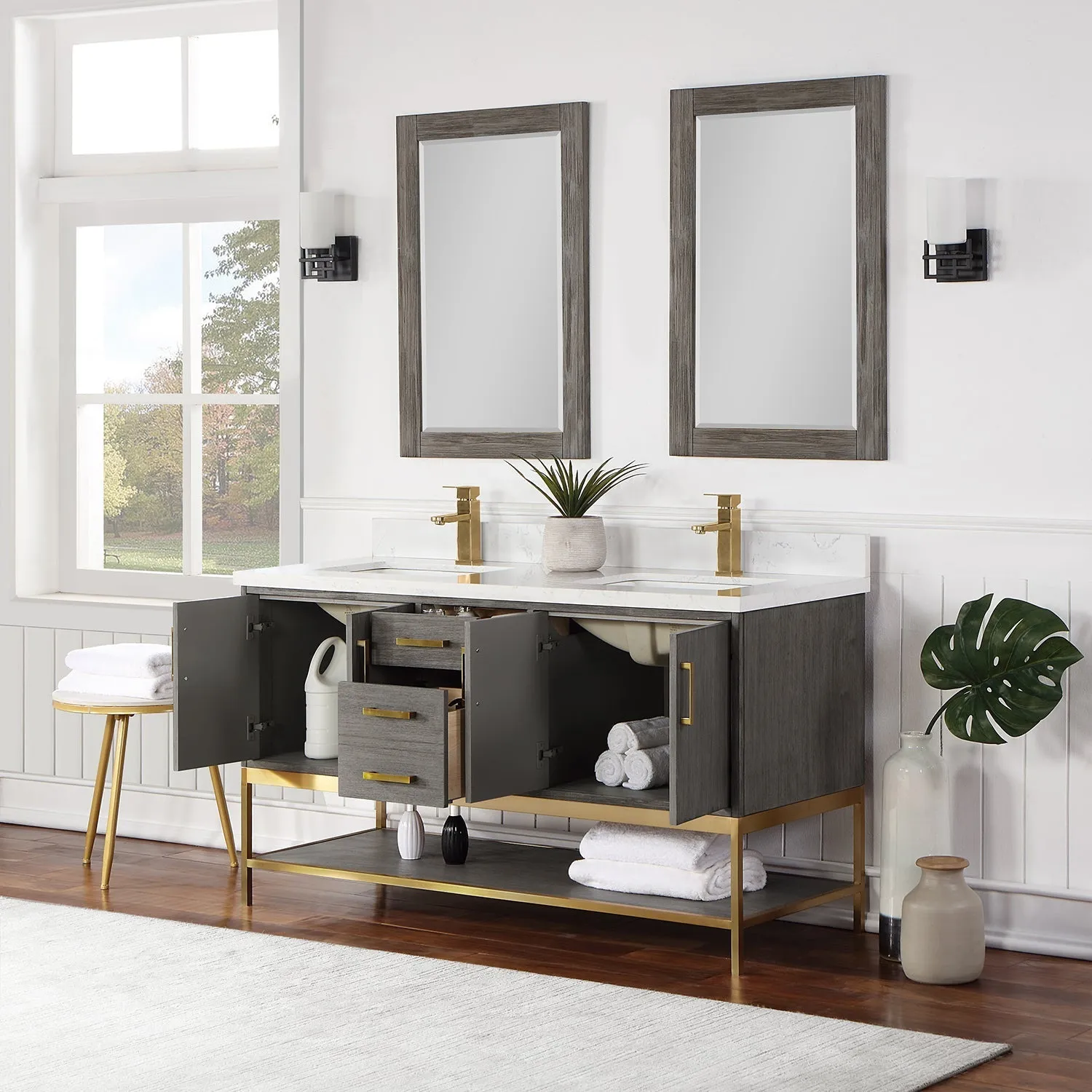 Altair Designs Wildy 60" Double Bathroom Vanity Set with Grain White Composite Stone Countertop - 546060-WO-GW-NM