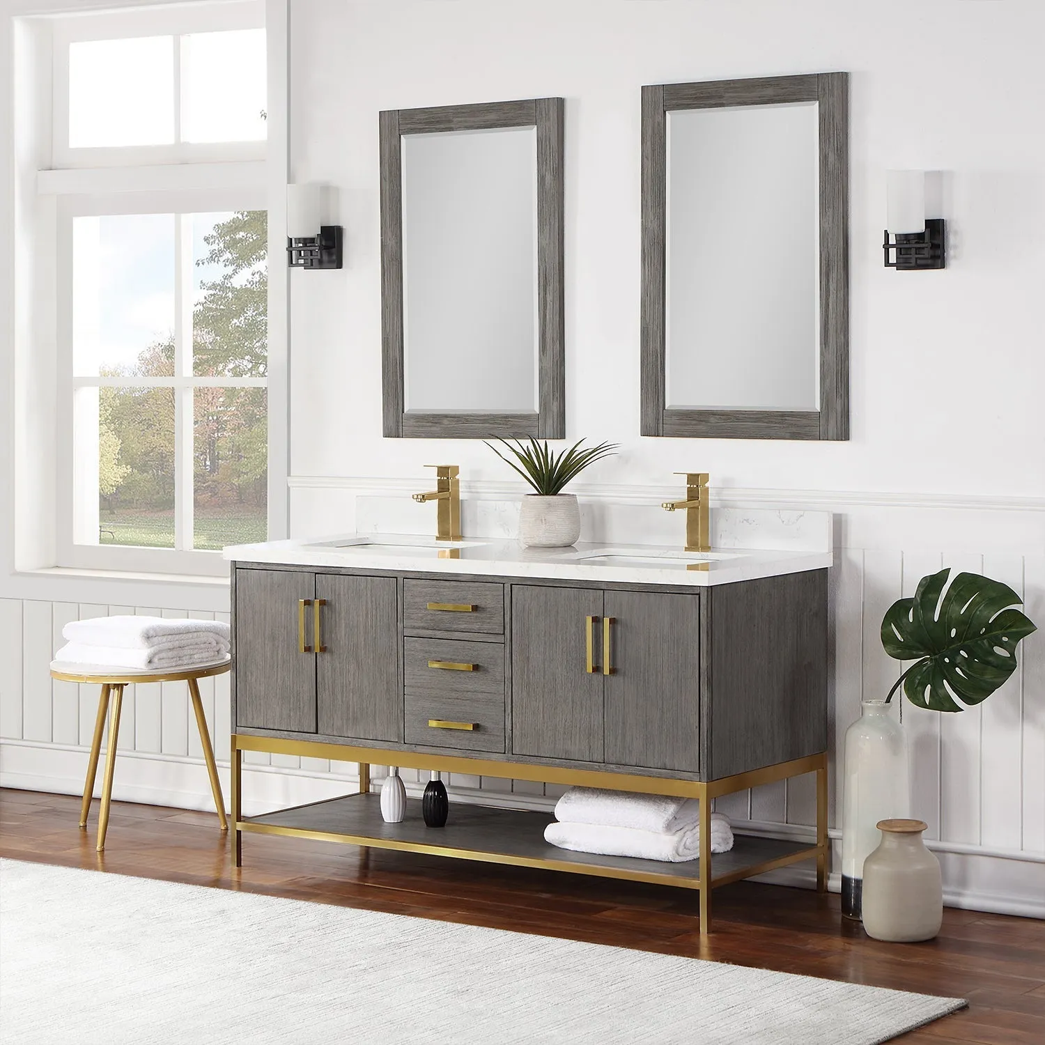 Altair Designs Wildy 60" Double Bathroom Vanity Set with Grain White Composite Stone Countertop - 546060-WO-GW-NM