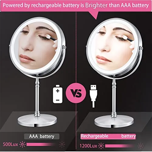 AMZNEVO Rechargeable 8'' Lighted Makeup Mirror, 10X Magnifying Vanity Mirror with 3 Color LED Lights, Double-Sided Cosmetic Mirror Battery Powered, Touch Button Adjust Brightness