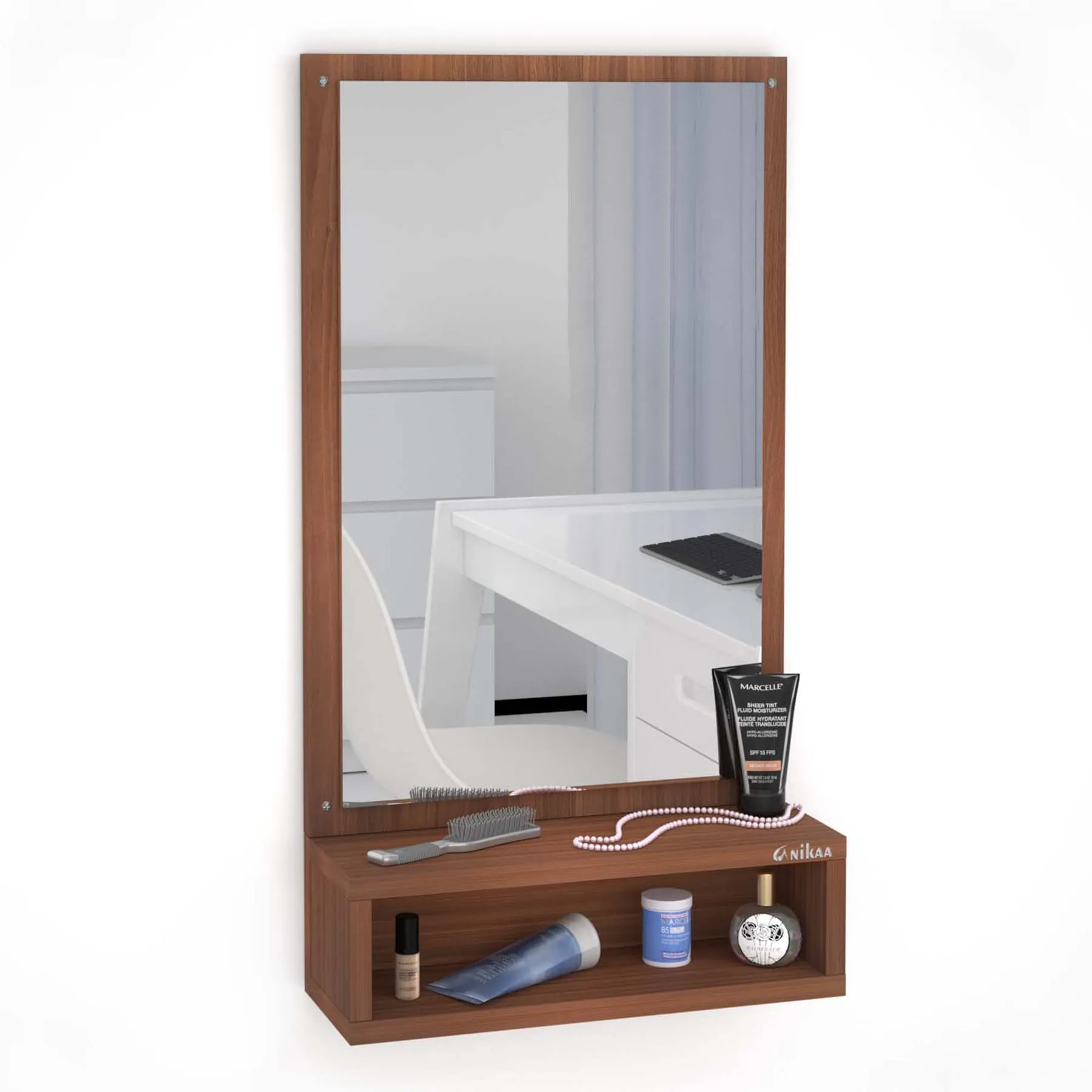Anikaa Jinny Engineered Wood Dressing Wall Mirrors Wall Hanging Mirrors with Shelf Decorative Wall Mirror Dressing Table for Bedroom Living Room (Walnut) Matte Finish, Rectangular