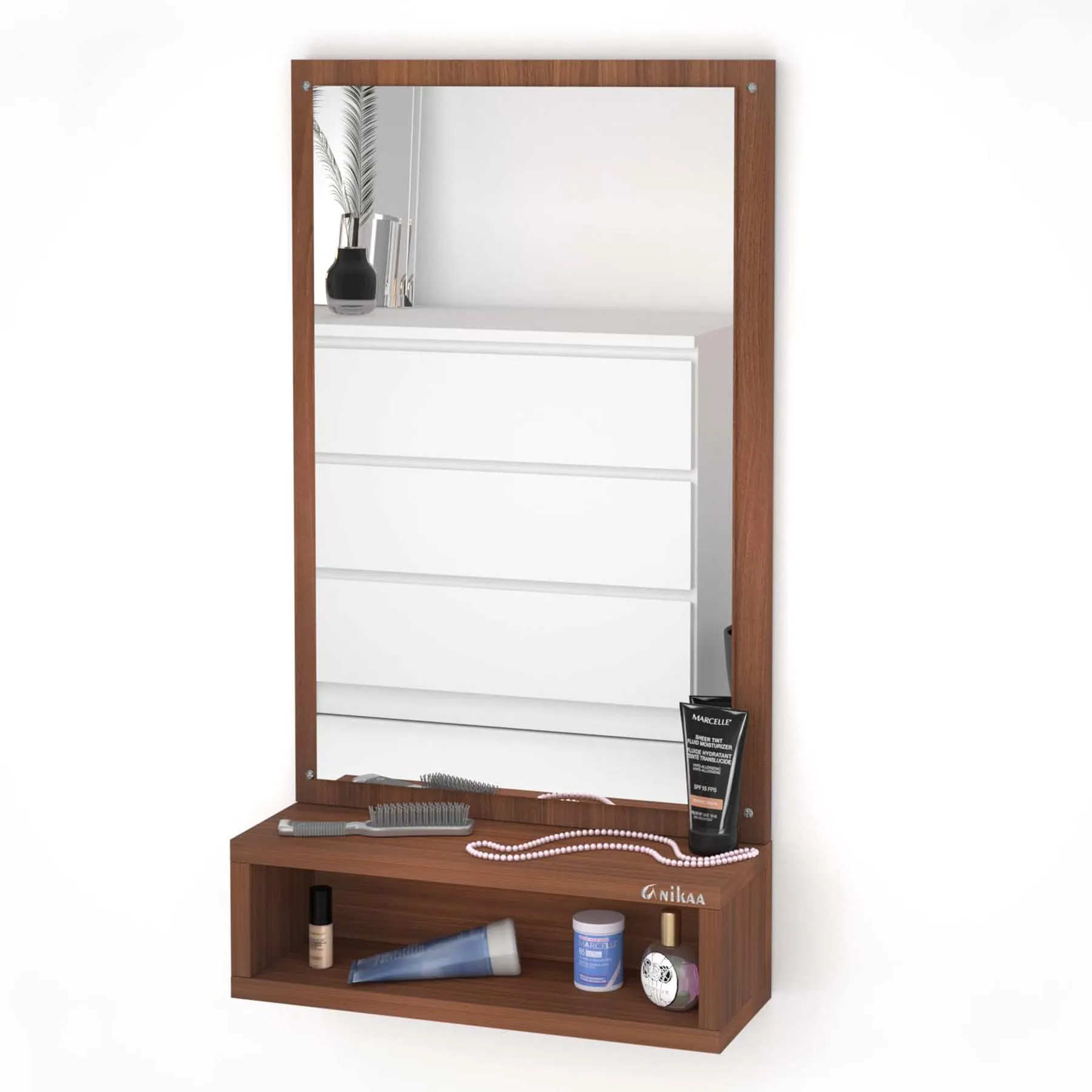 Anikaa Jinny Engineered Wood Dressing Wall Mirrors Wall Hanging Mirrors with Shelf Decorative Wall Mirror Dressing Table for Bedroom Living Room (Walnut) Matte Finish, Rectangular