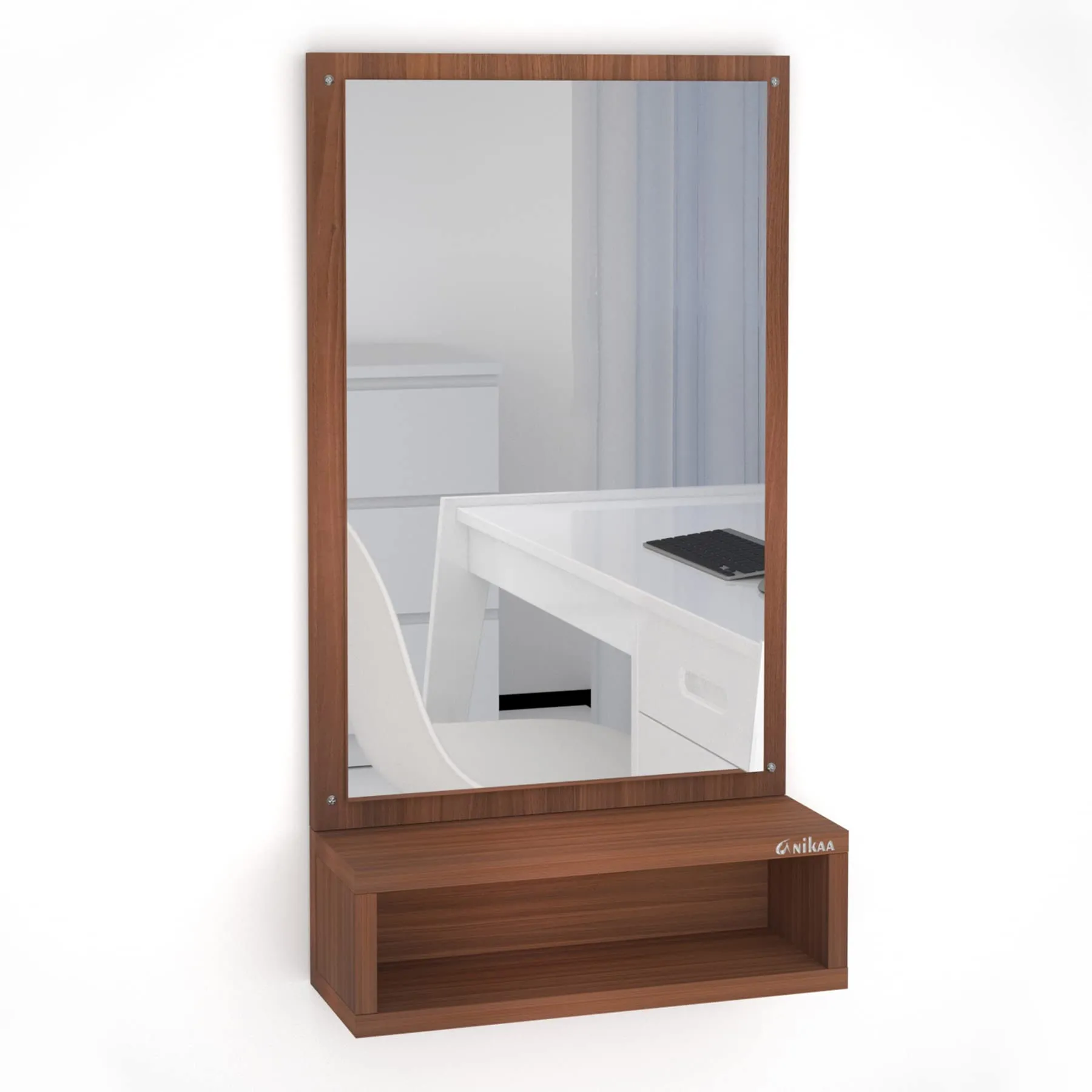 Anikaa Jinny Engineered Wood Dressing Wall Mirrors Wall Hanging Mirrors with Shelf Decorative Wall Mirror Dressing Table for Bedroom Living Room (Walnut) Matte Finish, Rectangular