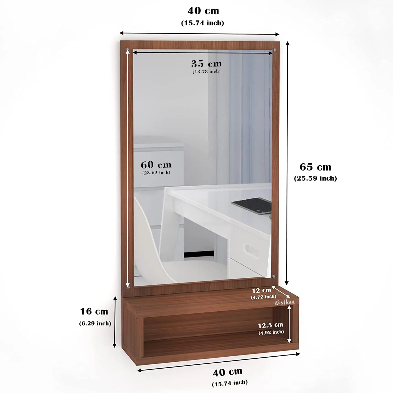Anikaa Jinny Engineered Wood Dressing Wall Mirrors Wall Hanging Mirrors with Shelf Decorative Wall Mirror Dressing Table for Bedroom Living Room (Walnut) Matte Finish, Rectangular