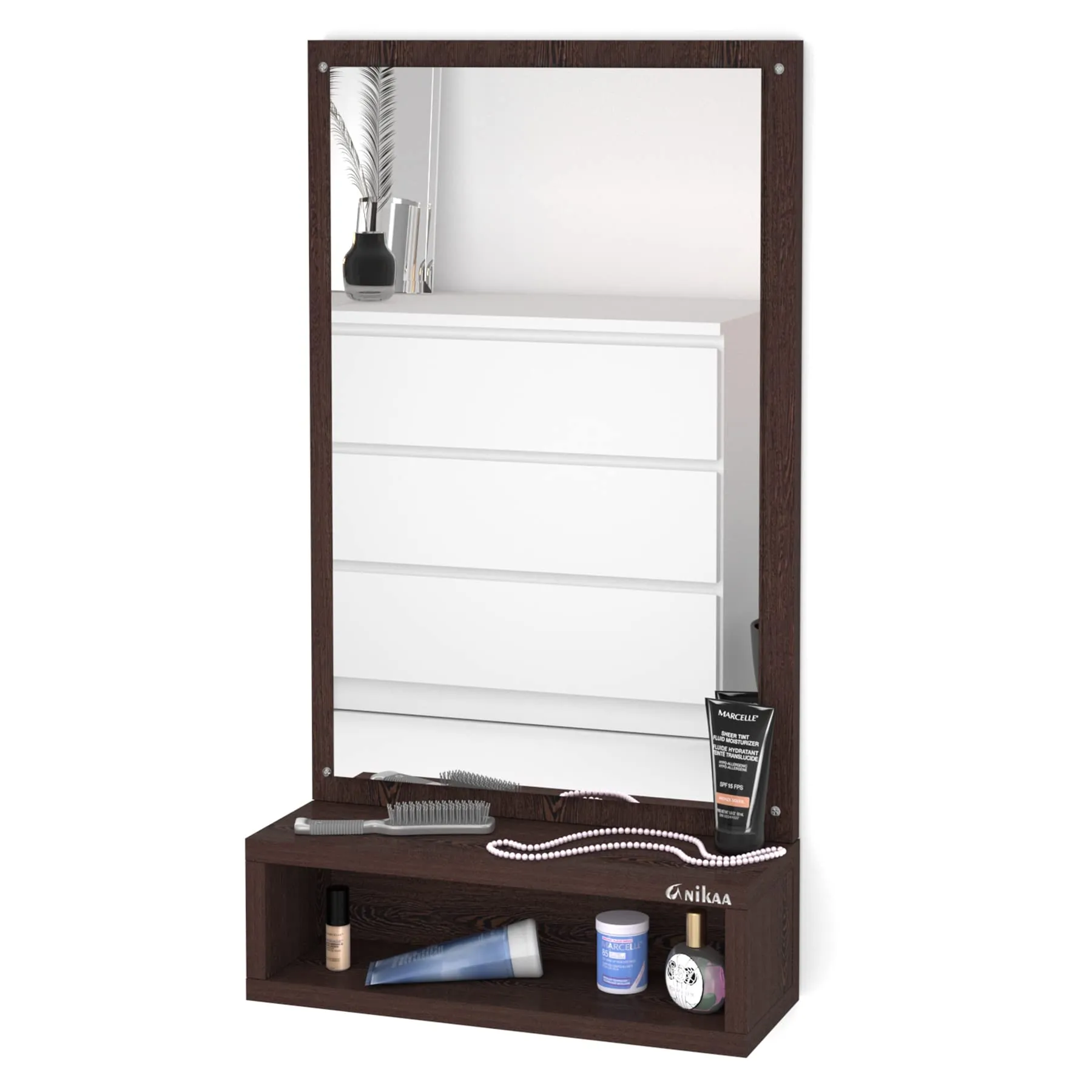 Anikaa Jinny Engineered Wood Wall Mirrors, Hanging Dressing Mirrors with Shelf/Decorative Dressing Table Mirror for Bedroom Living Room (Wenge) Matte Finish, unframed, Rectangular
