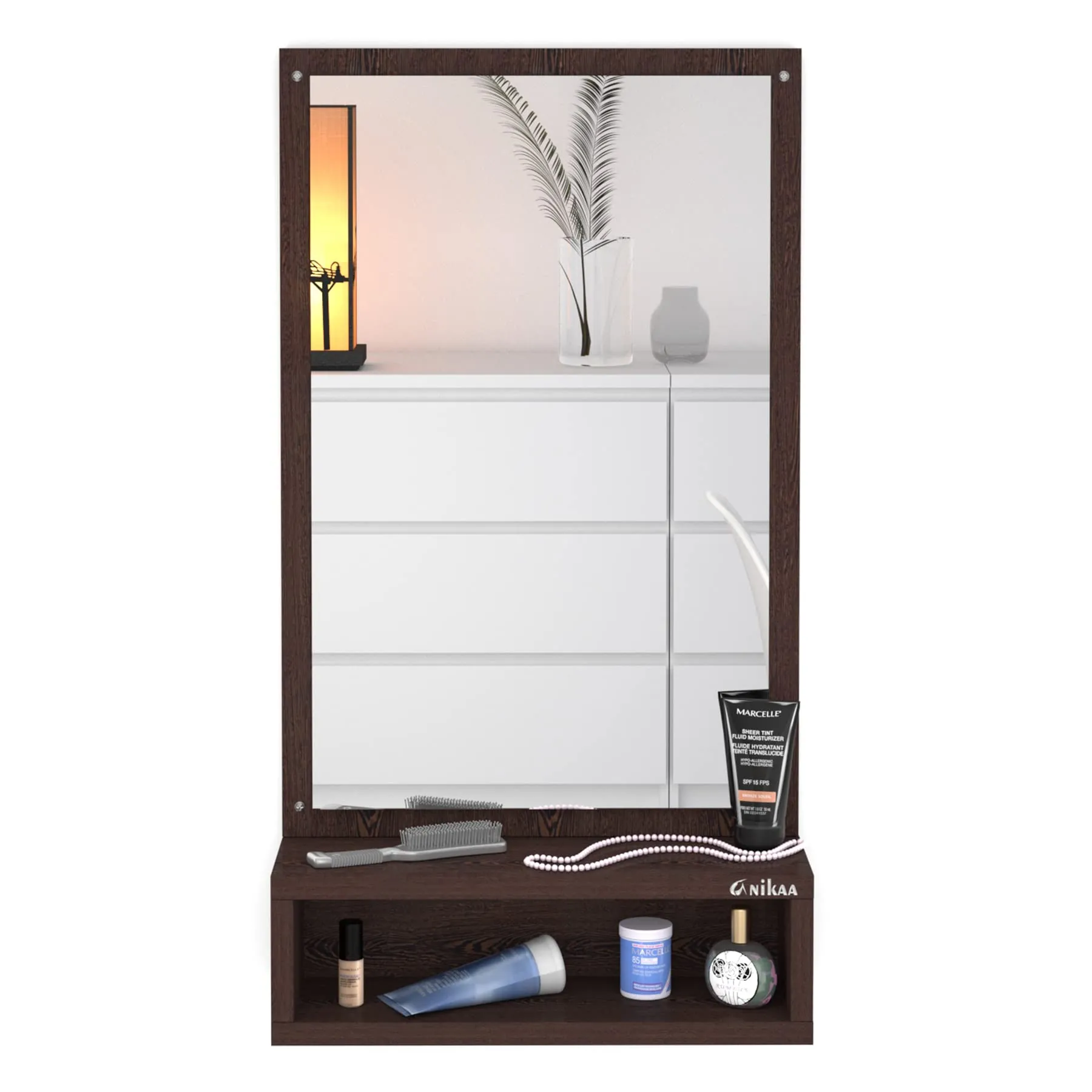 Anikaa Jinny Engineered Wood Wall Mirrors, Hanging Dressing Mirrors with Shelf/Decorative Dressing Table Mirror for Bedroom Living Room (Wenge) Matte Finish, unframed, Rectangular