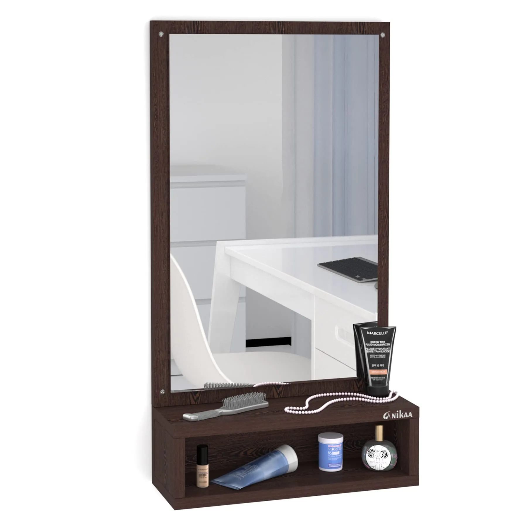 Anikaa Jinny Engineered Wood Wall Mirrors, Hanging Dressing Mirrors with Shelf/Decorative Dressing Table Mirror for Bedroom Living Room (Wenge) Matte Finish, unframed, Rectangular