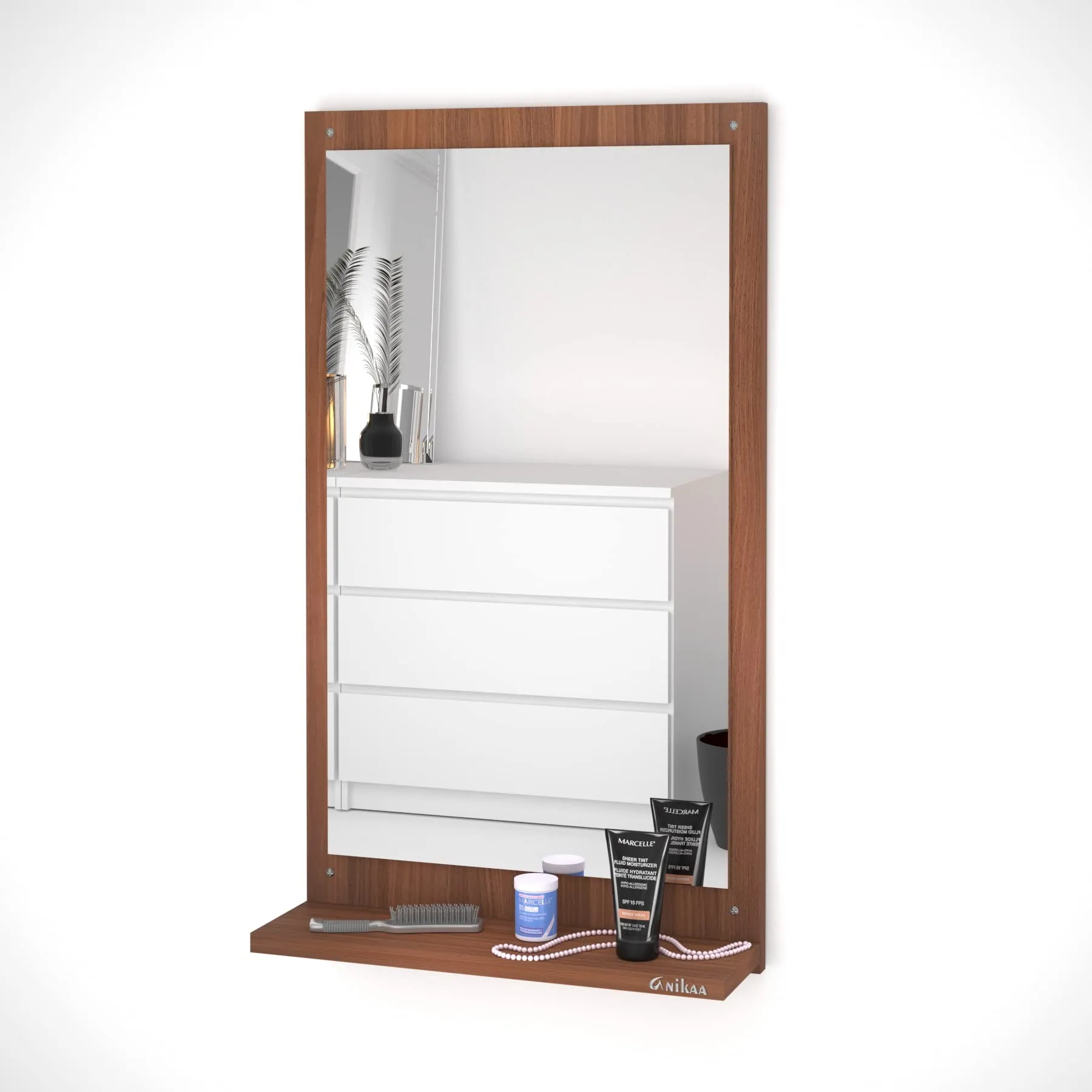 Anikaa Maria Engineered Wood Dressing Wall Mirrors/Wall Hanging Dressing Mirrors with Shelf/Decorative Wall Mirror/Dressing Table for Bed Room/Living Room (Walnut) Matte Finish, Rectangular, Unframed