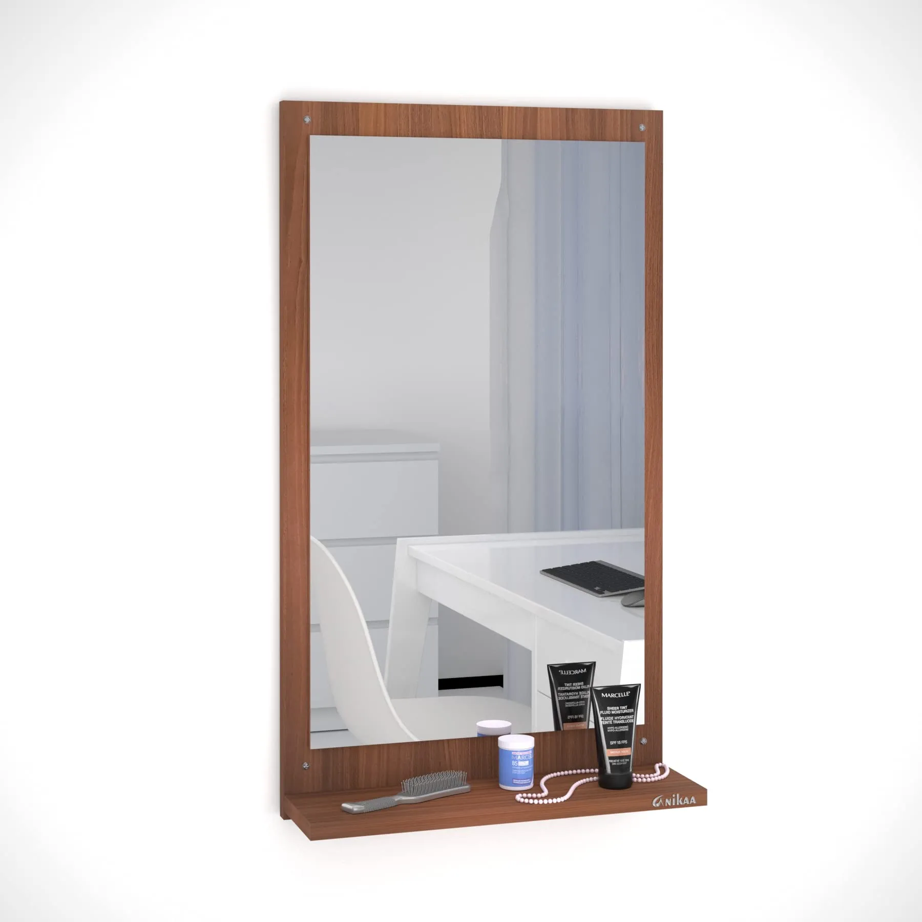 Anikaa Maria Engineered Wood Dressing Wall Mirrors/Wall Hanging Dressing Mirrors with Shelf/Decorative Wall Mirror/Dressing Table for Bed Room/Living Room (Walnut) Matte Finish, Rectangular, Unframed