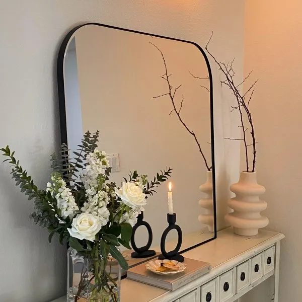 Arch Rounded Corner Mantel Framed Wall Mounted Bathroom Mirror