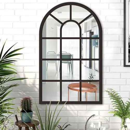 Arched Window Wall Mirror Windowpane Arch Mirror for Vanity Bedroom Bathroom Black