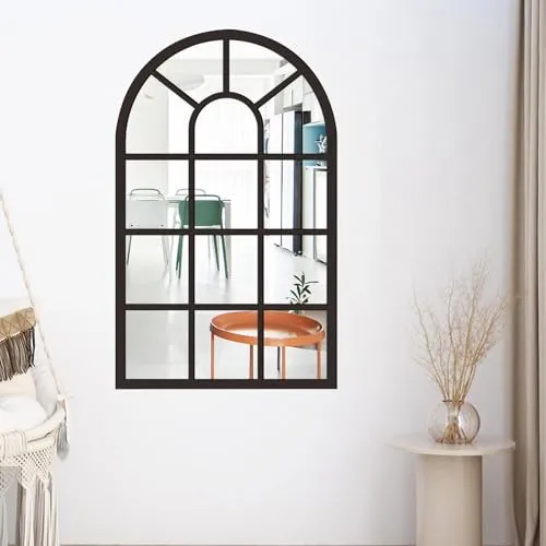 Arched Window Wall Mirror Windowpane Arch Mirror for Vanity Bedroom Bathroom Black