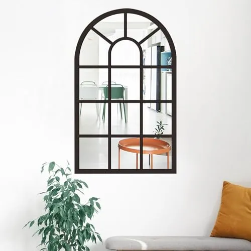 Arched Window Wall Mirror Windowpane Arch Mirror for Vanity Bedroom Bathroom Black