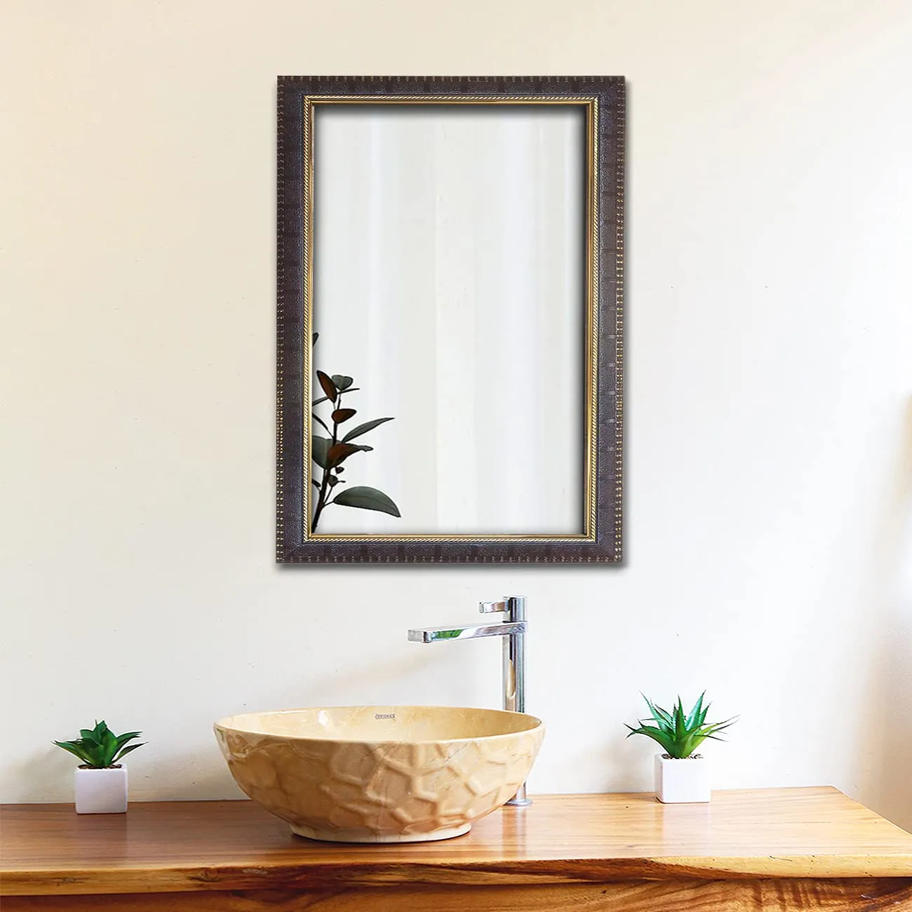 Art Street Textured Design Decorative Wall Mirror, Wall Mount Rectangular Makeup Mirror, Decorative Looking Glass with Frame for Home, Bathroom & Living Room (19.4x13.4 Inches, Golden Brown)