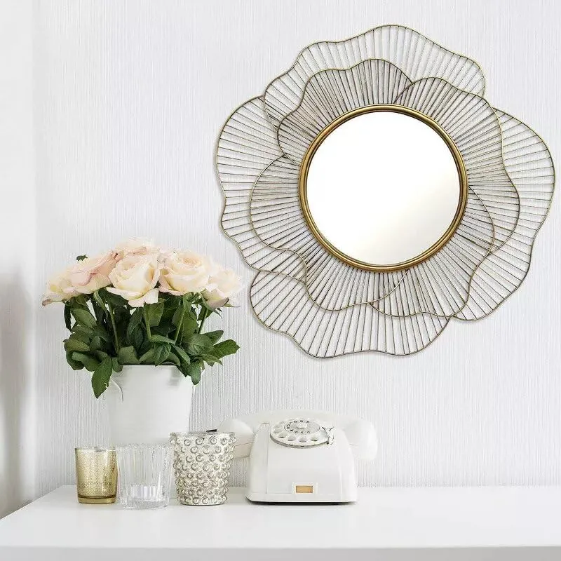 Artemade Iron Decorative Mirror Wall Mounted Hanging Mirror Sculpture Metal Golden Rose Design Modern Art Mirror for Home Decor (Artistic, Framed)