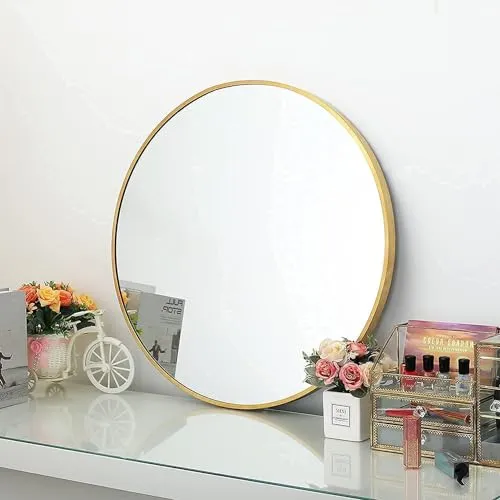 Artistiry Craftsmen 22 inch Gold Brass Metal Round Mirror for Bathroom, Wall Mounted/Decor, Vanity, Living Room, Bedroom, Framed Gold Circle Mirror