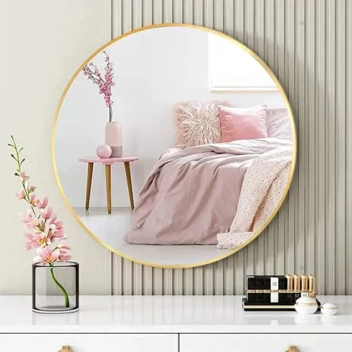 Artistiry Craftsmen 22 inch Gold Brass Metal Round Mirror for Bathroom, Wall Mounted/Decor, Vanity, Living Room, Bedroom, Framed Gold Circle Mirror