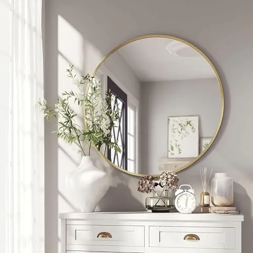 Artistiry Craftsmen 22 inch Gold Brass Metal Round Mirror for Bathroom, Wall Mounted/Decor, Vanity, Living Room, Bedroom, Framed Gold Circle Mirror