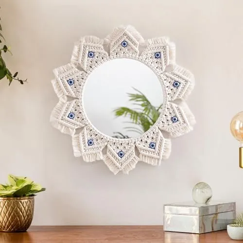 ATORSE® Macrame Mirror Macrame Fringe Decorative Mirror for Gallery Living Room