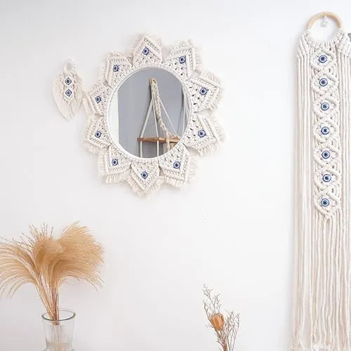 ATORSE® Macrame Mirror Macrame Fringe Decorative Mirror for Gallery Living Room