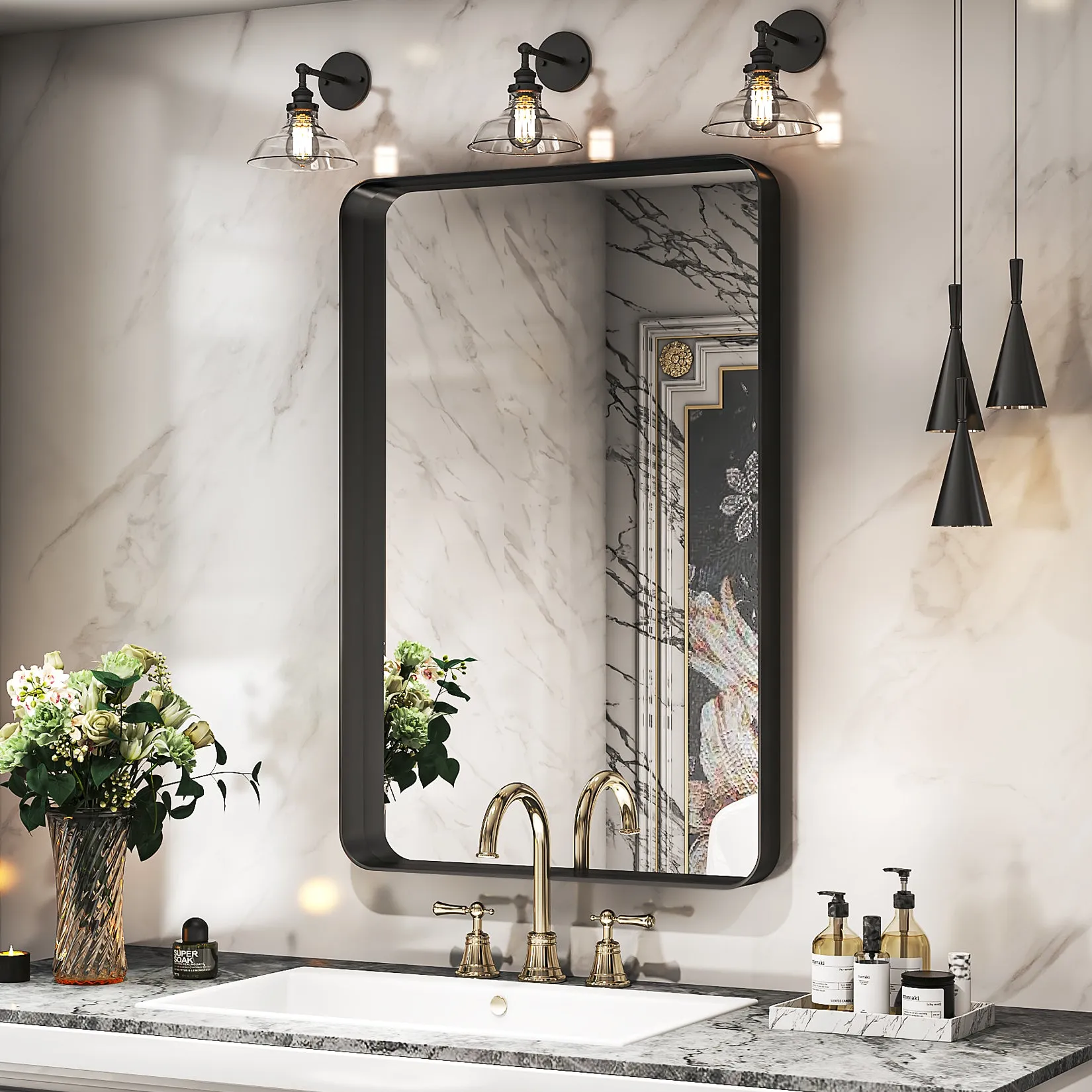 Awandee Home Black Metal Framed Bathroom Mirror for Wall 24 x 36 inch