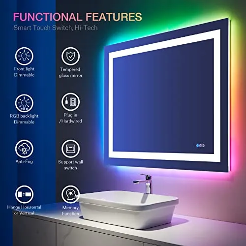 Awandee Home LED Bathroom Mirror with Colorful Lights 40 X 32 inch