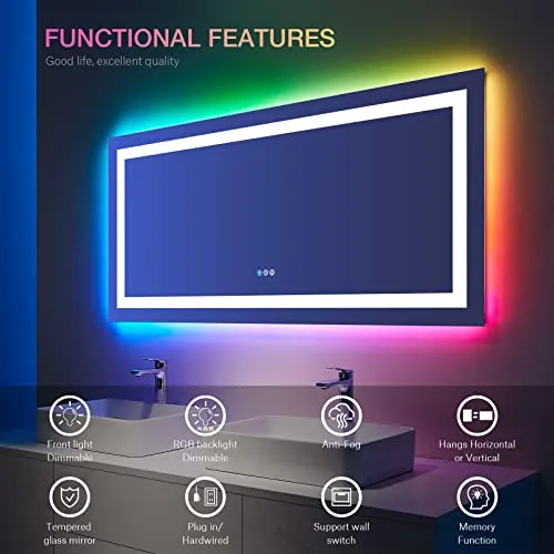 Awandee Home LED Bathroom Mirror with Colorful Lights 60 X 28 inch