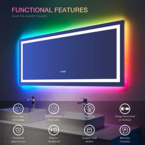 Awandee Home LED Bathroom Mirror with Colorful Lights 72 X 32 inch