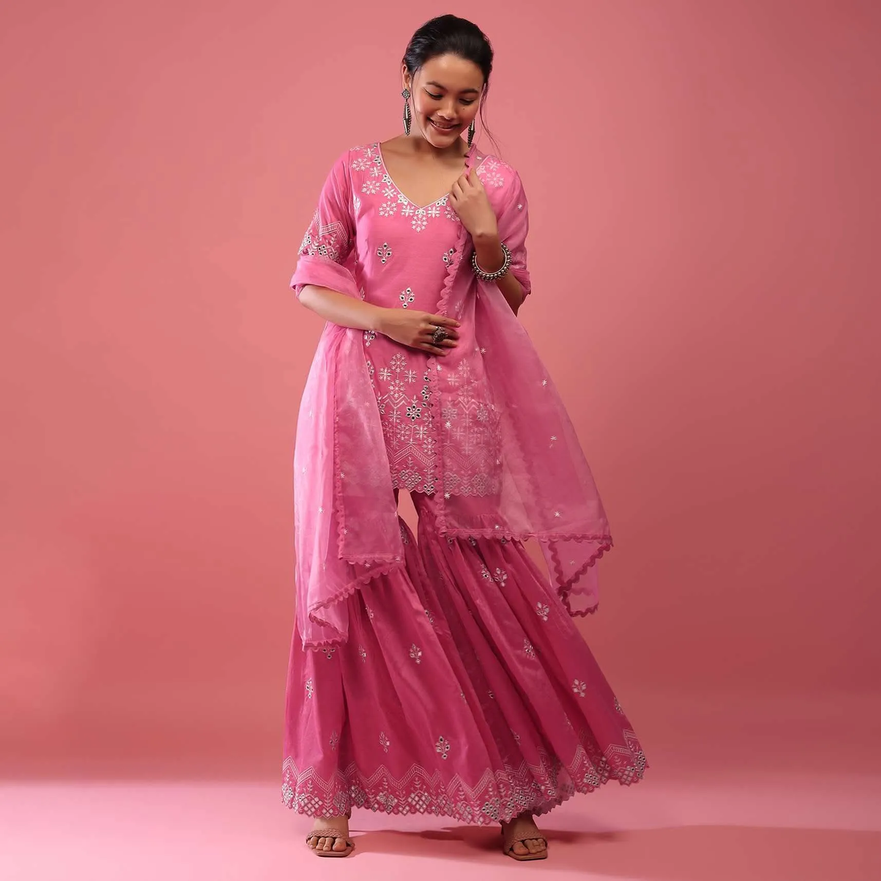 Azalea Pink Lucknowi Sharara Suit In Cotton With Embroidery
