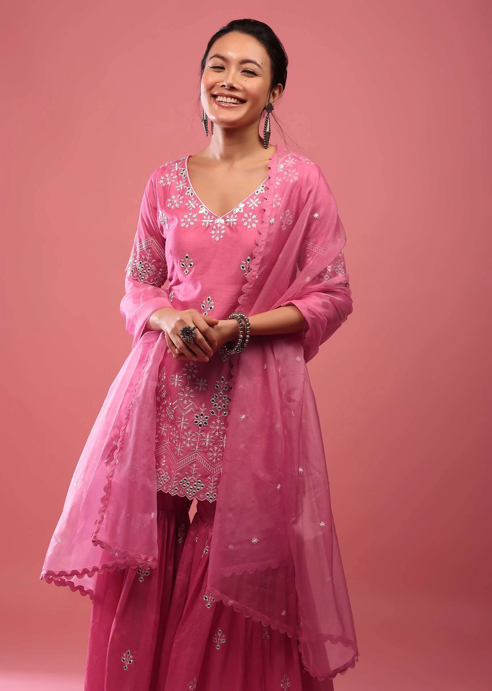 Azalea Pink Lucknowi Sharara Suit In Cotton With Embroidery